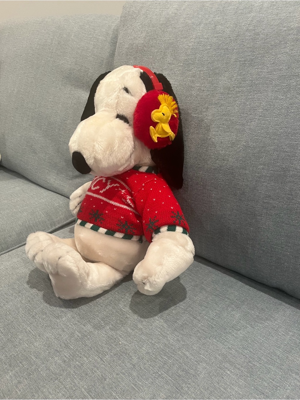 90s Vintage Macy’s Snoopy Red Holiday Sweater and Yellow Ear Muffs